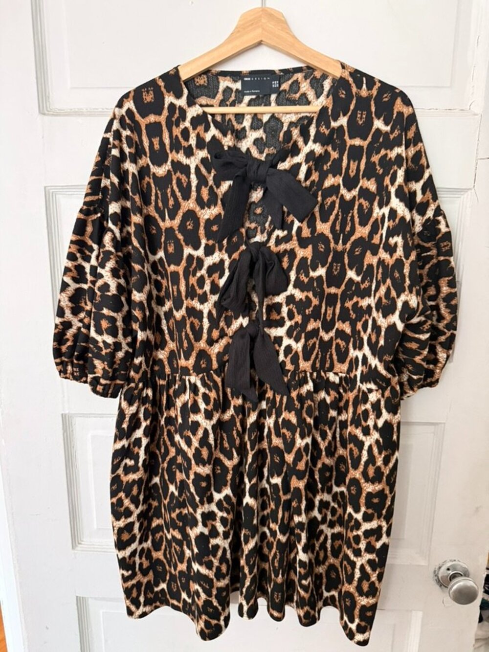 ASOS DESIGN Leopard Print Bow-Front Smock Dress (US 14 / UK 18)
